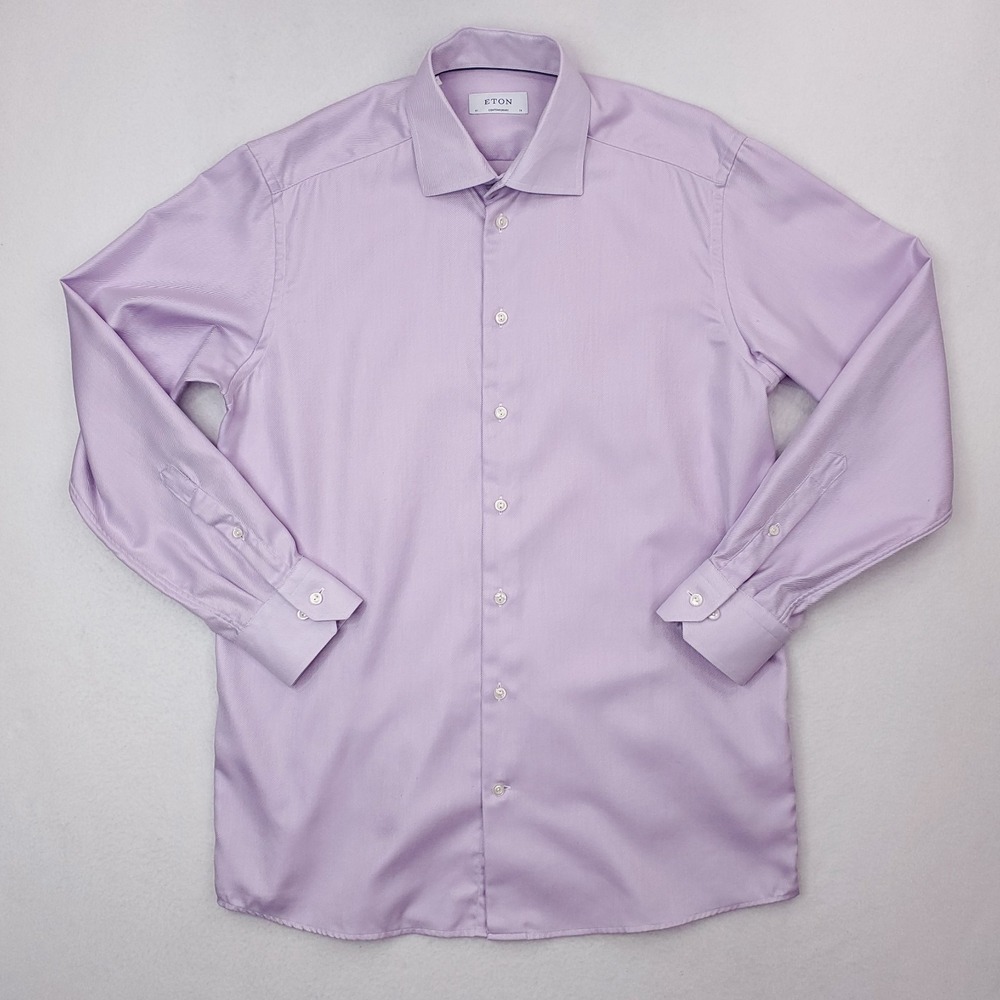 Eton‎ Shirt Mens 16 Purple Striped Button Up Angle Miter Cuff Slim Contemporary